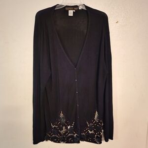 Gizel Long Line Black Cardigan Buttons Feathers Beaded Size M/L